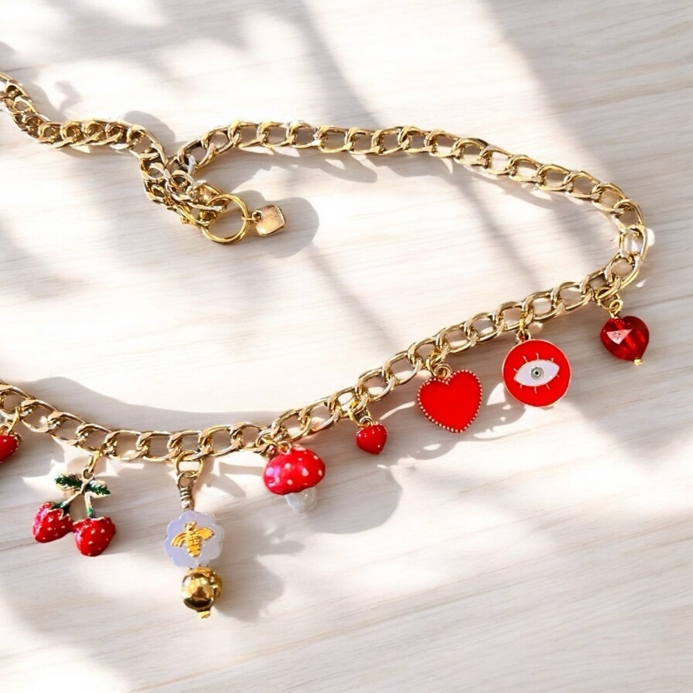 Gold Toned and Red Charm Necklace Enamel Glass Ceramic Crystal 20” - Picture 8 of 17